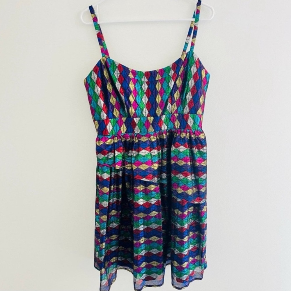 Vintage 90s Revival Rainbow Sparkle Ruffled Mini Dress Large